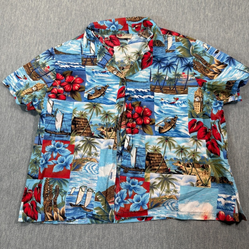 Hilo Hatties Hawaiian Shirt Youth XL Blue Red Floral Surf Tiki Made Hawaii